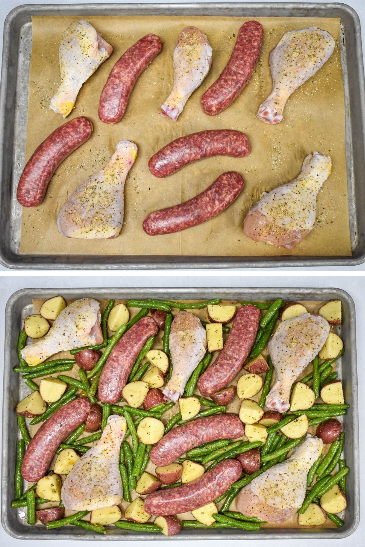 Two images, one of the chicken and sausage arranged on a large sheet pan lined with parchment paper and the other with the potatoes and green beans added around the chicken and sausage.