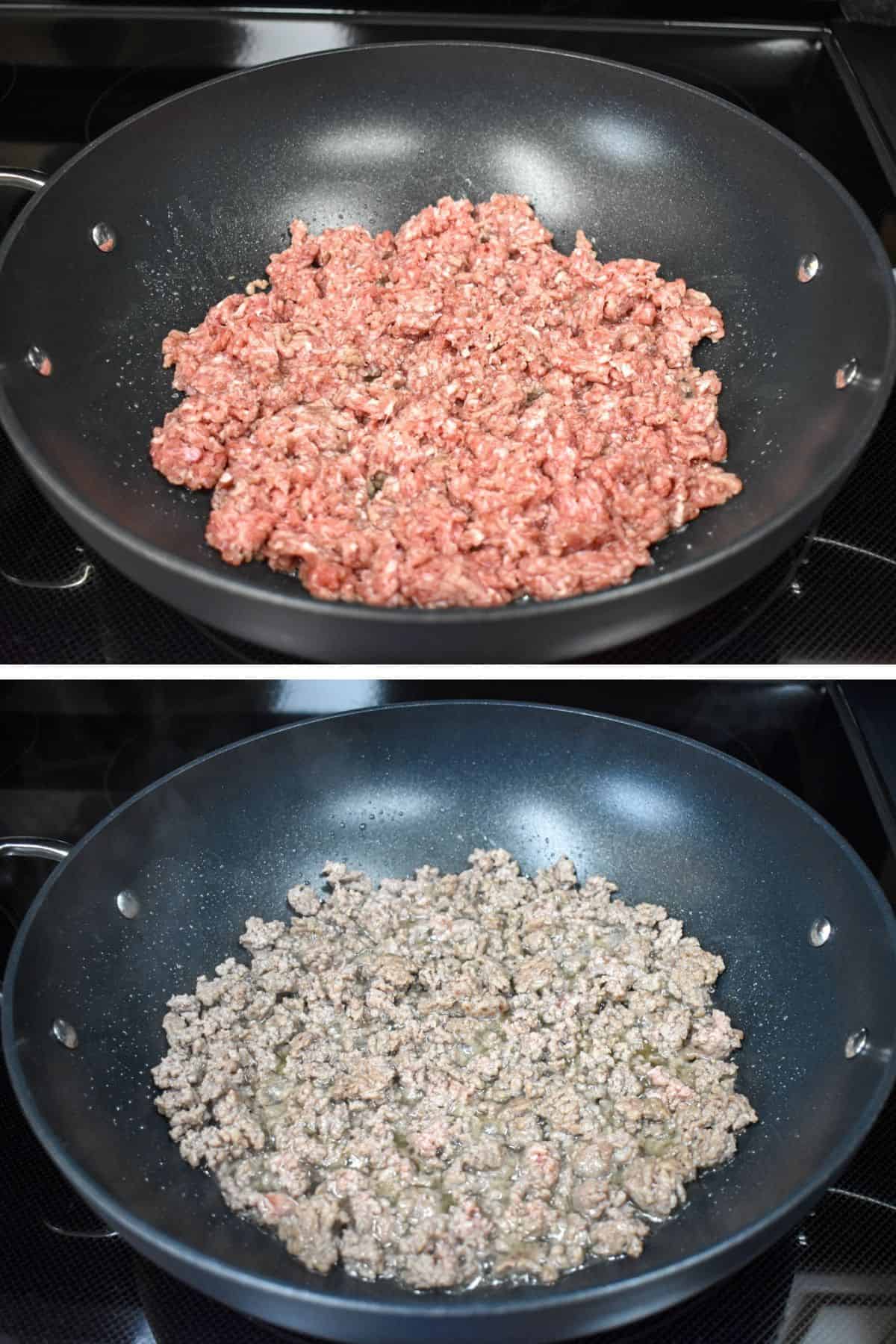 Two pictures of ground beef in a large, black skillet, in the first one it is raw and the second picture it is browned.