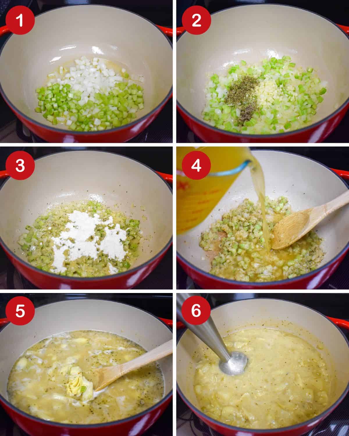 A collage of six pictures showing the steps of making the artichoke soup with each picture numbered with a red and white graphic.