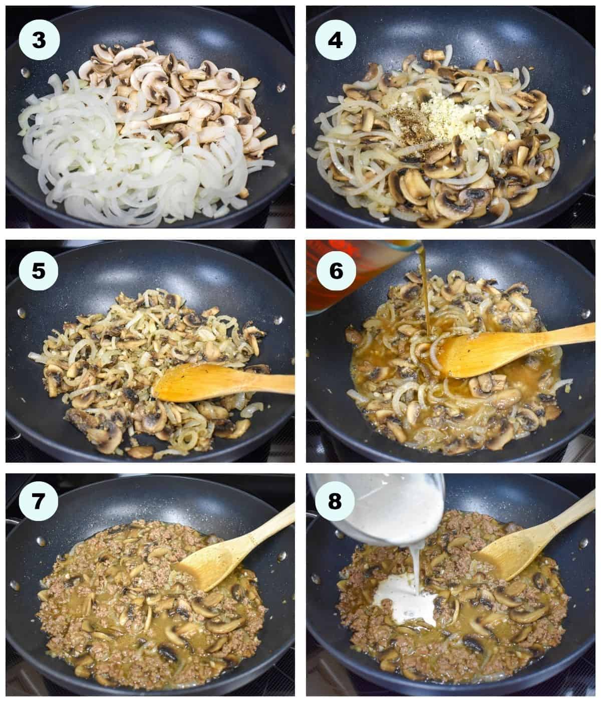 A collage of six images showing steps three through eight of making ground beef stroganoff.