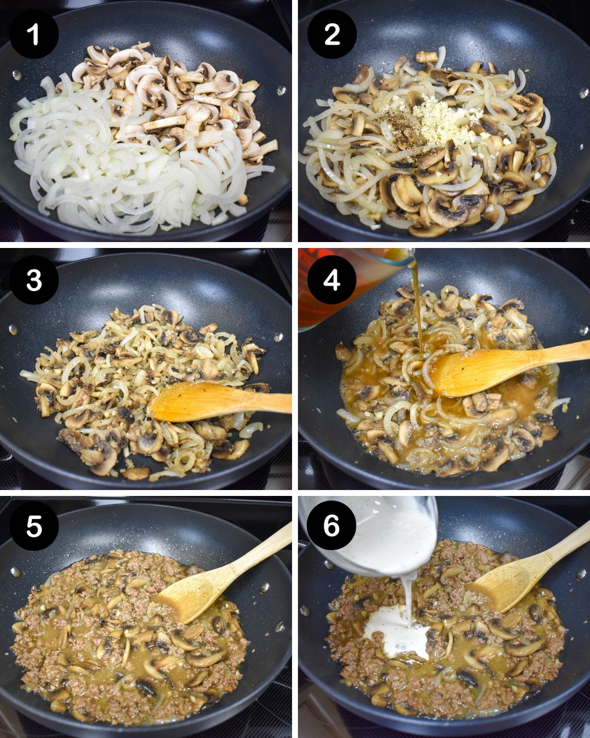 A collage of six images showing the steps of making the mushroom and onion sauce for the dish.