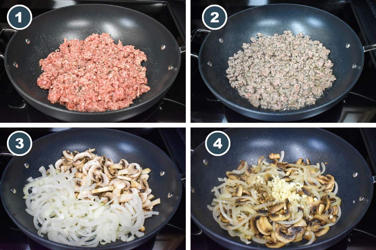 Four numbered photos showing ground beef seasoned in a skillet, the beef browned, sliced onions and mushrooms added to the pan, and garlic and black pepper sprinkled over the softened vegetables.