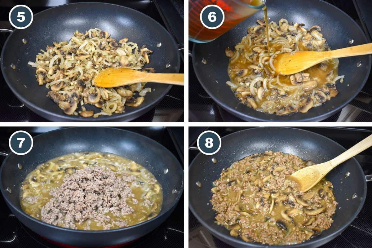 Four numbered photos showing flour stirred into the onions and mushrooms, beef broth poured into the skillet, browned ground beef added back to the sauce, and the stroganoff simmered and stirred together.