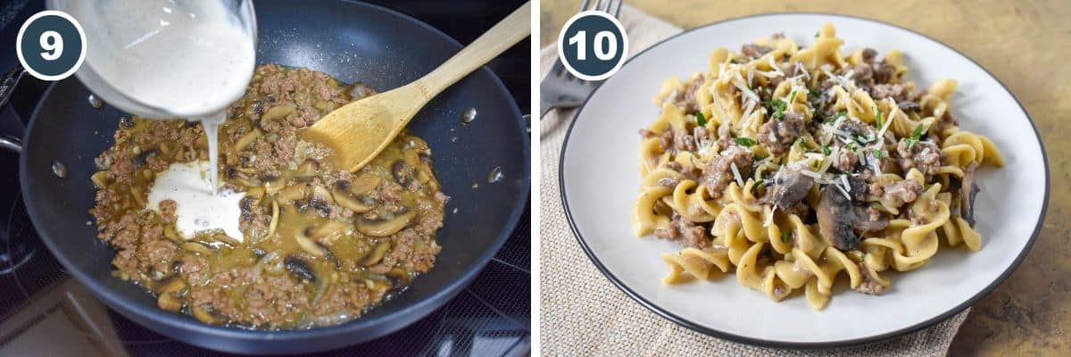 Two numbered photos showing tempered sour cream poured into the skillet, and the finished ground beef stroganoff with egg noodles served on a white plate.