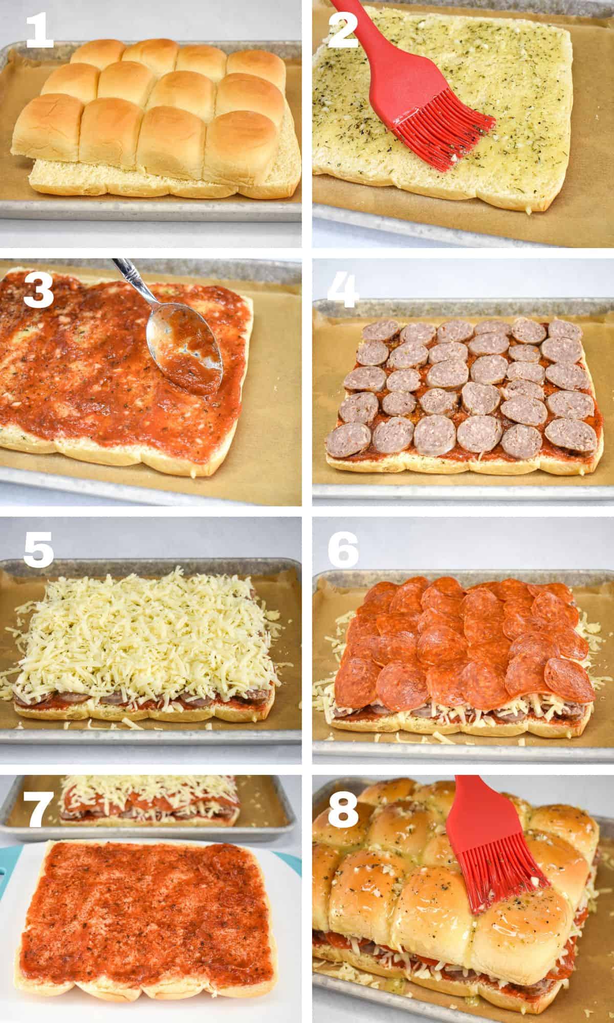 A collage of eight pictures showing the steps of building the pizza sliders.