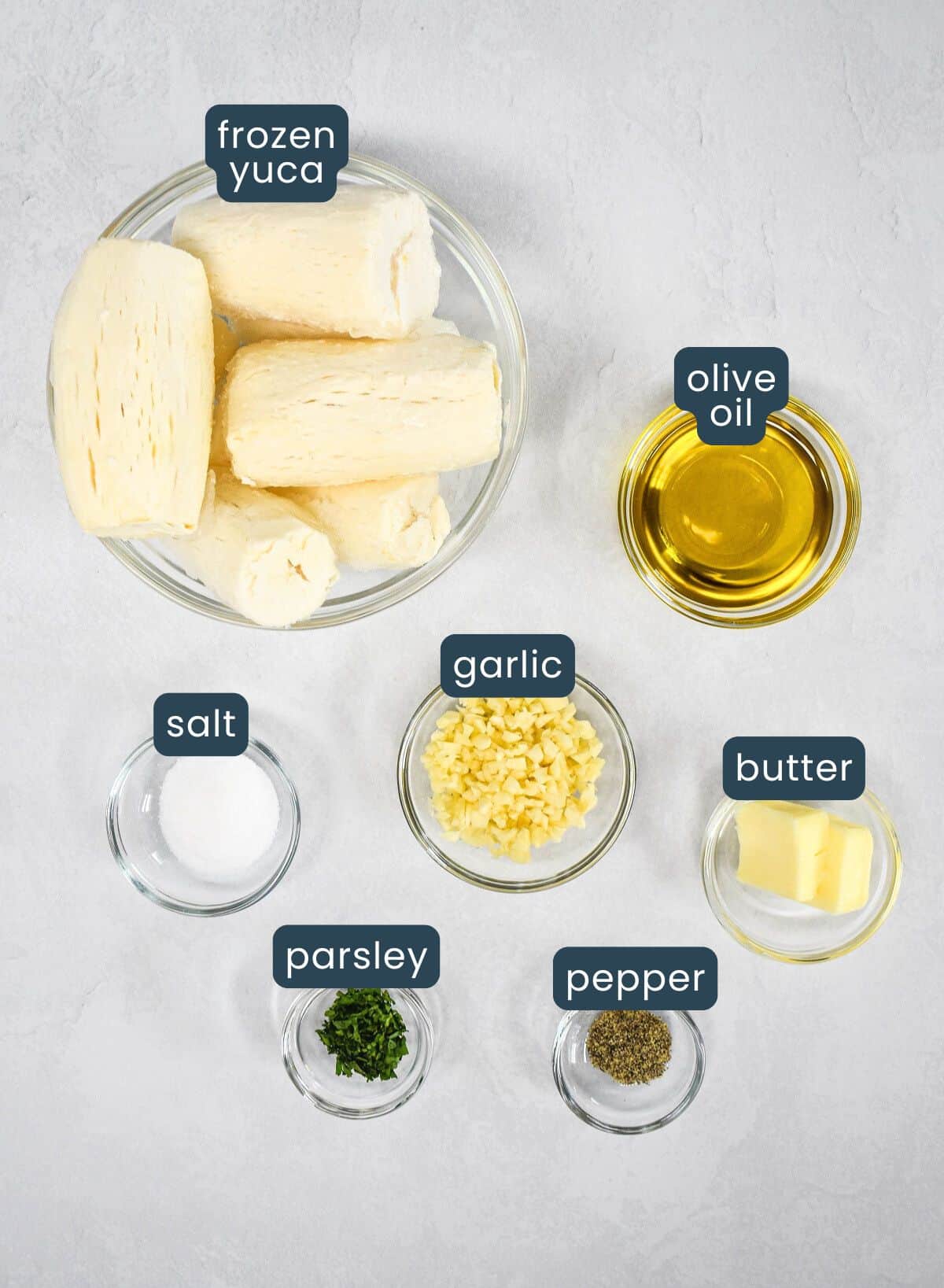 All ingredients labeled and arranged, including frozen yuca, garlic, olive oil, butter, parsley, salt, and pepper.