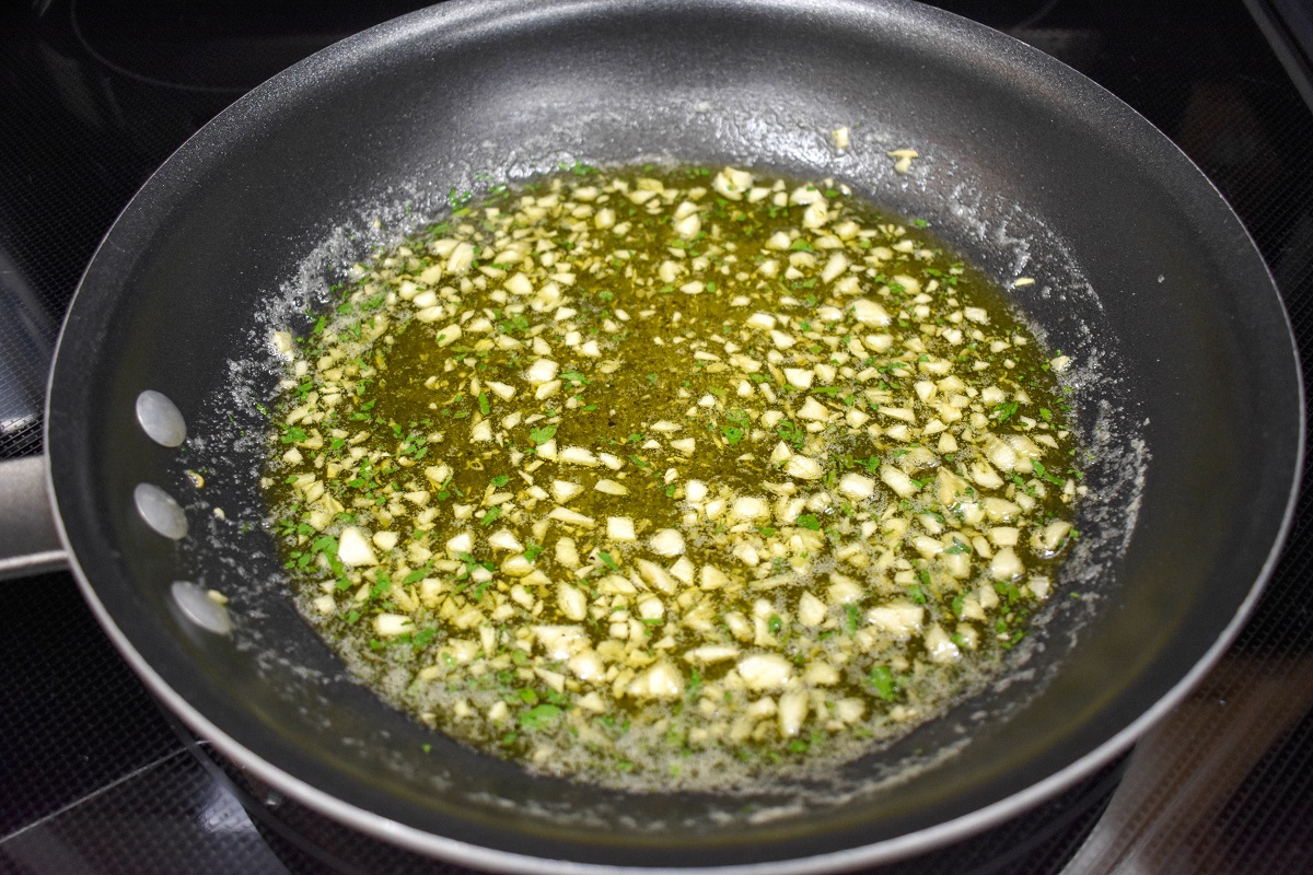 Garlic oil in a non-stick skillet.