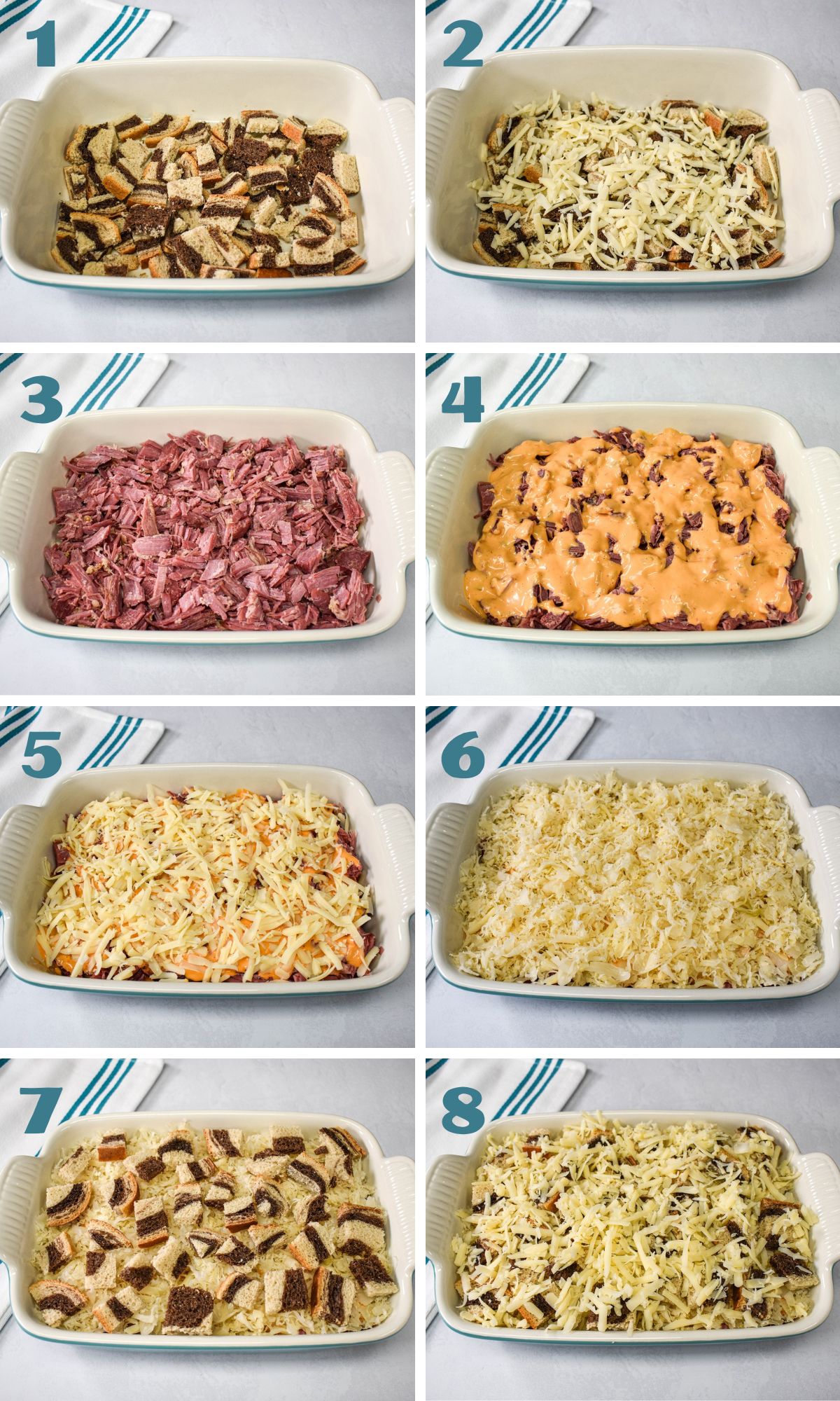 A collage of eight images showing the steps to making the Reuben casserole.