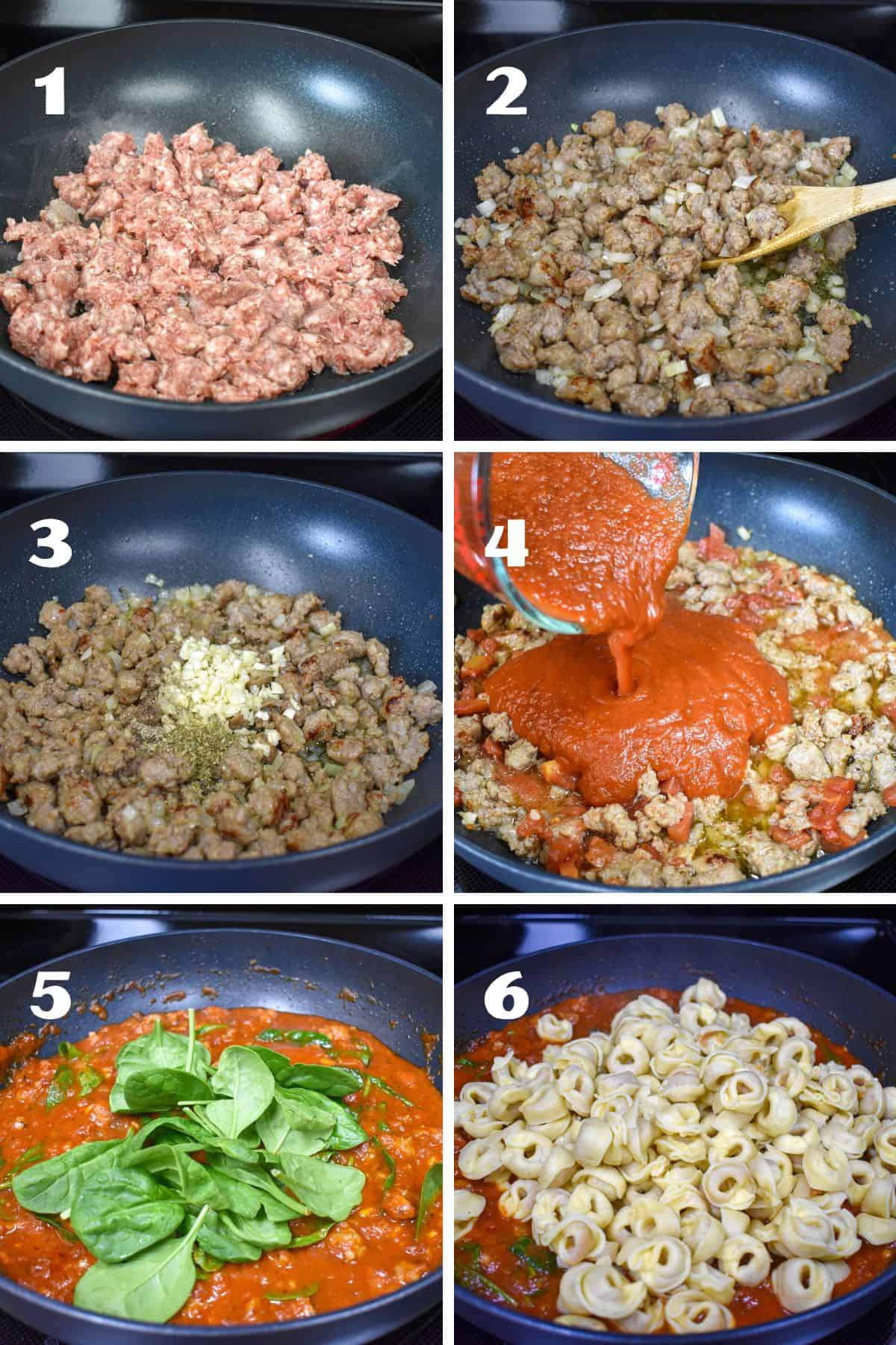 Six pictures showing the steps to making the sausage tortellini.