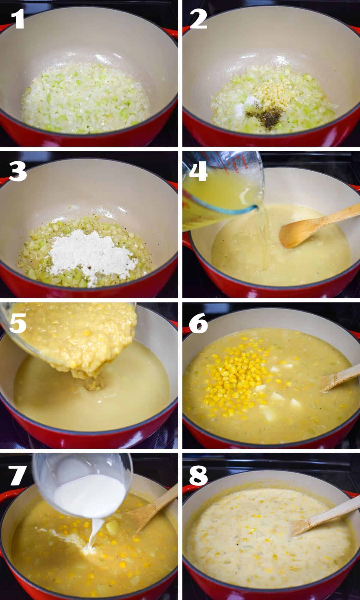 A collage of eight images showing the steps to making the chowder.