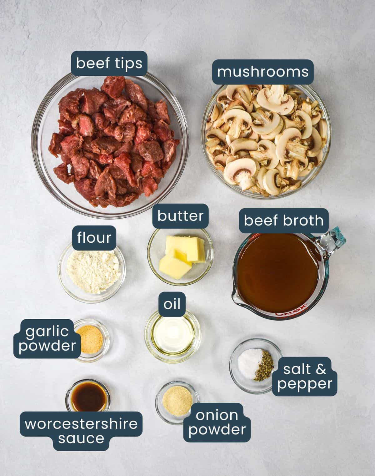 Beef tips, sliced mushrooms, butter, flour, beef broth, oil, garlic powder, onion powder, Worcestershire sauce, salt and pepper arranged for the recipe, with each one labeled.