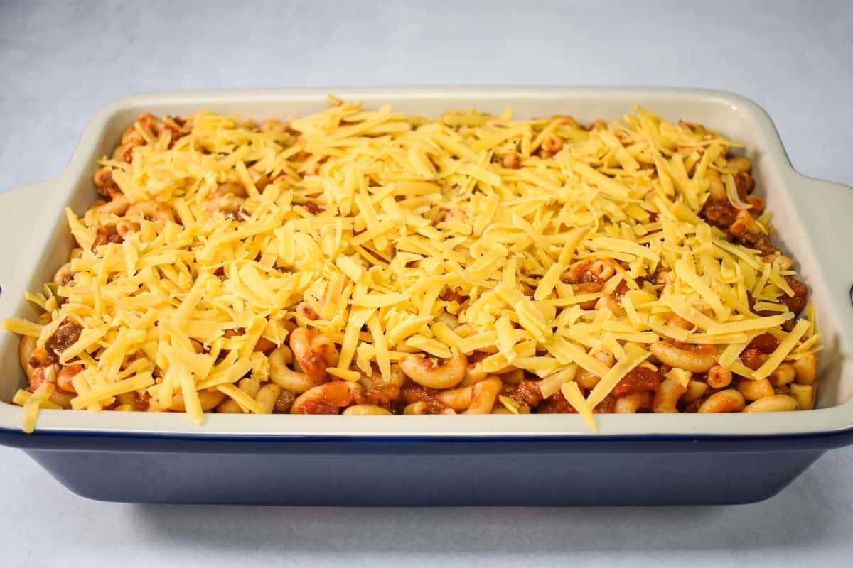 The prepared macaroni and beef casserole before baking.