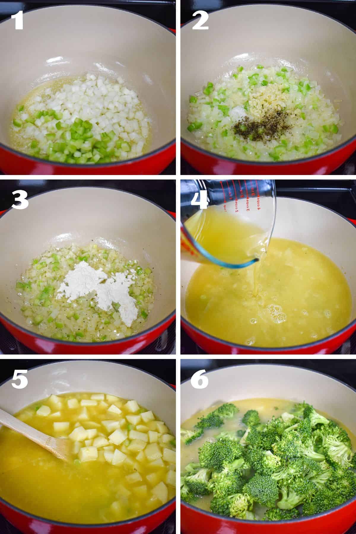 A collage of six pictures showing the steps to making the potato broccoli soup.