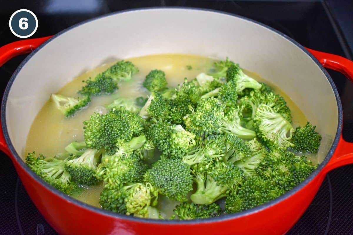 Adding fresh broccoli florets to the potato soup.