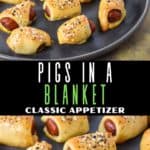 Two images of the pigs in a blanket with a black graphic between them with the title in white and green letters.
