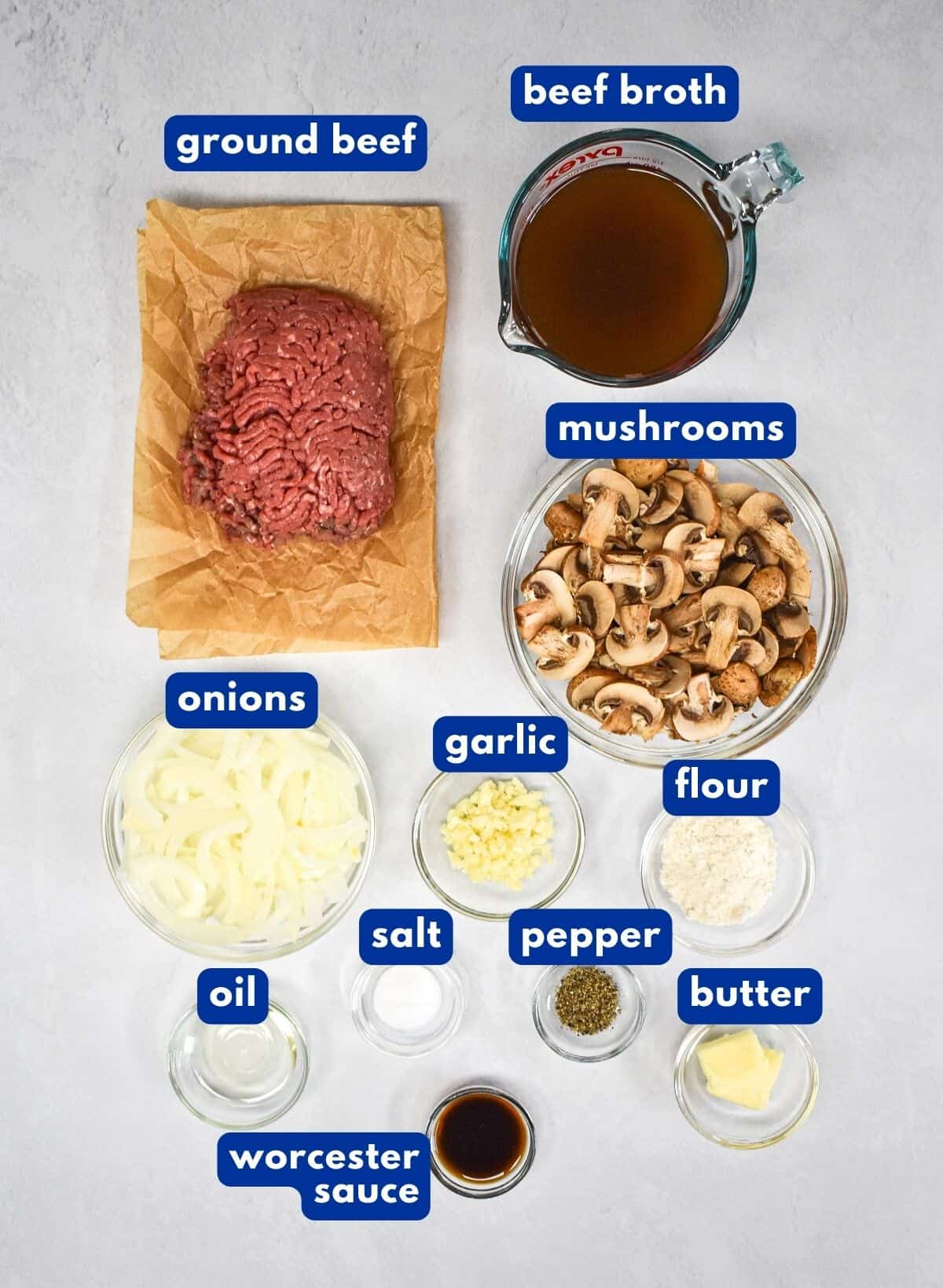 The ingredients for the ground beef and mushrooms prepped and arranged on a white table with each labeled in blue and white letters.