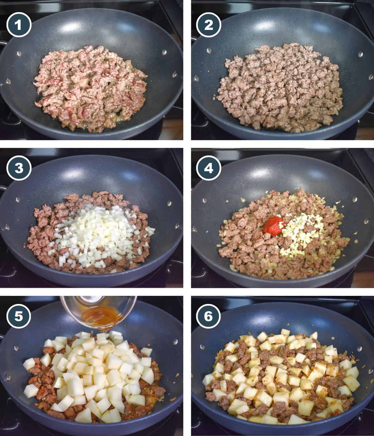 A collage of six images showing the steps to making the beef and potatoes.