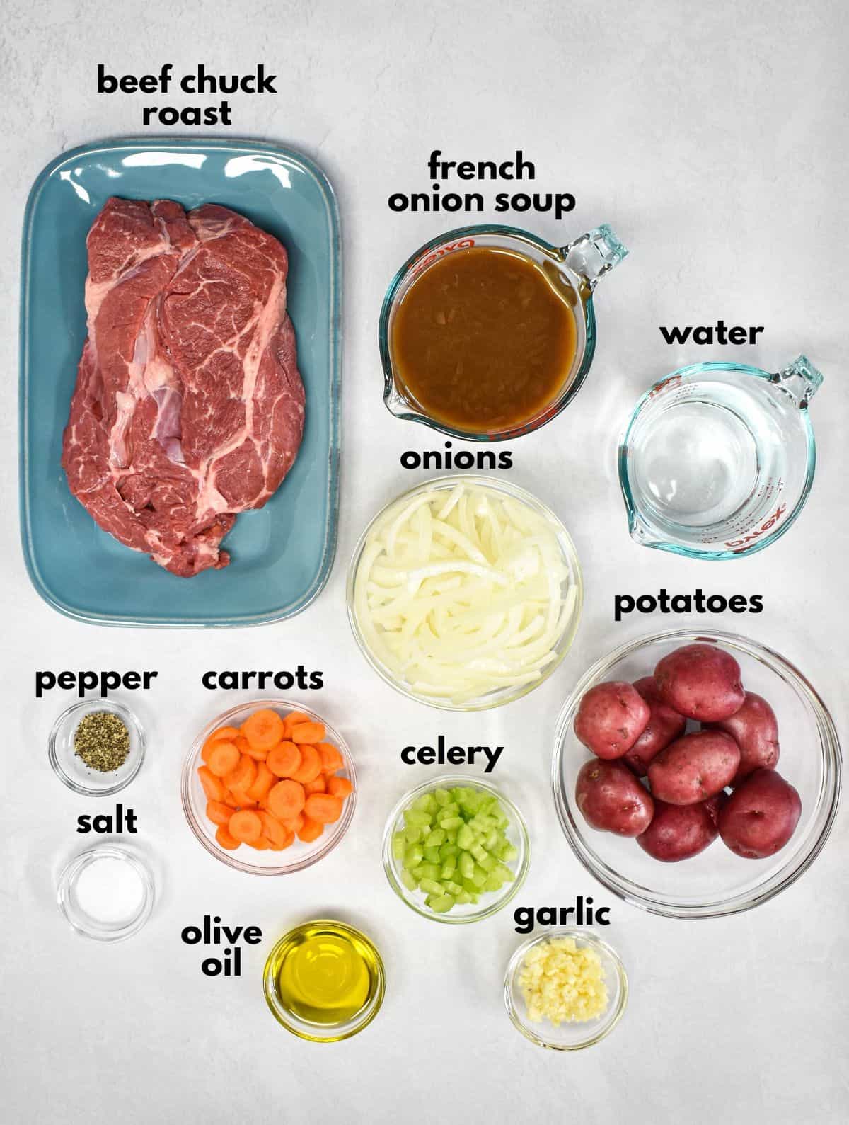 The ingredients for the pot roast recipe arranged on a white table with each labeled with small black letters.
