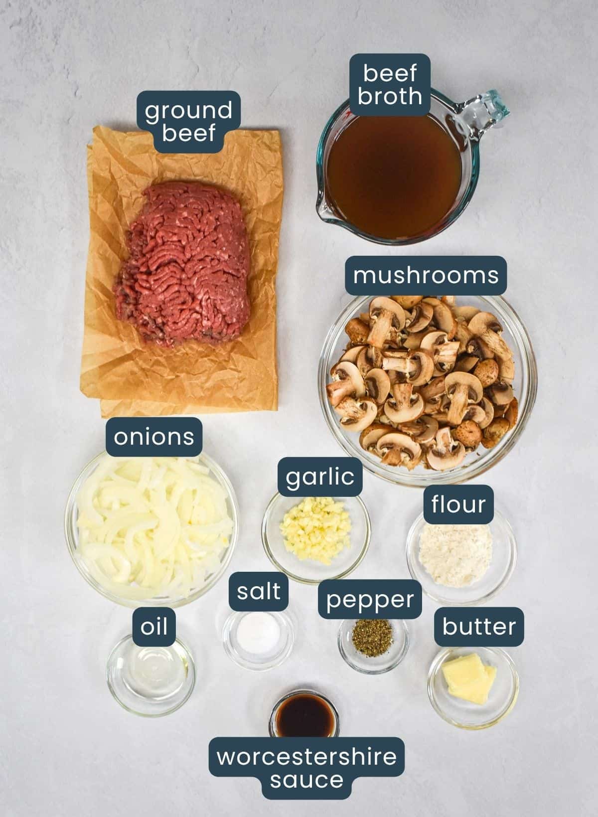 The ingredients for the ground beef and mushrooms prepped and arranged on a white table with each one labeled.