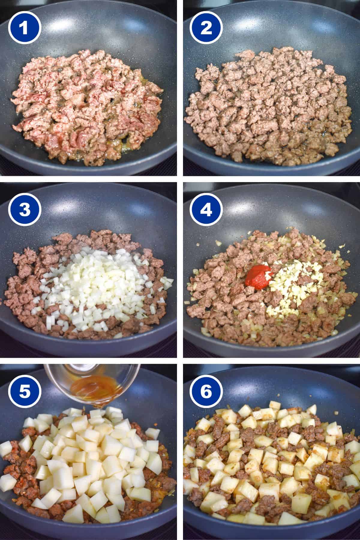 A collage of six images showing the steps to making the beef and potatoes.