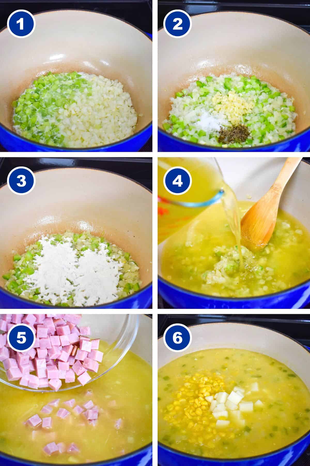 A collage of six pictures showing the steps to making the corn ham chowder.