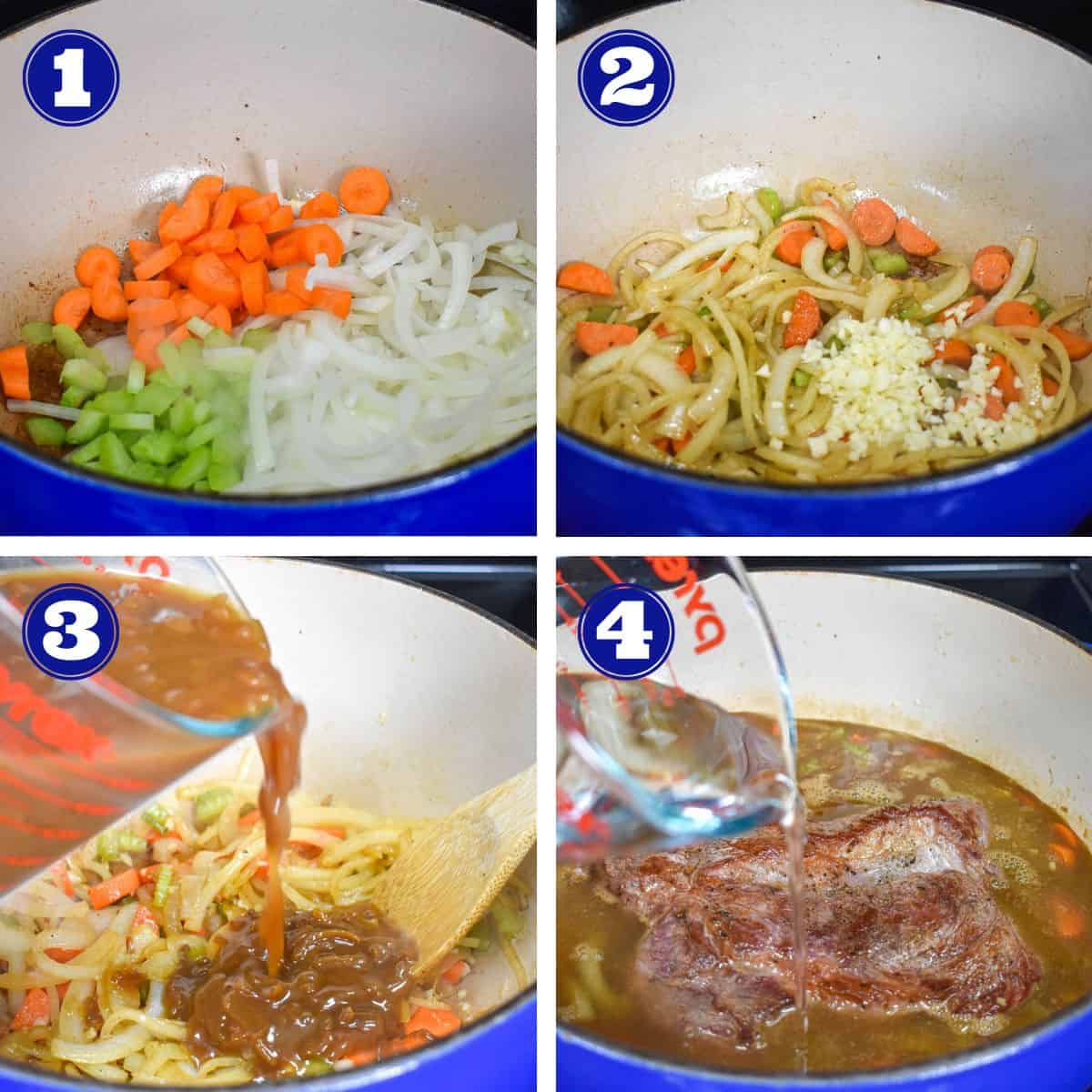 A collage of four images showing the steps to sautéing the vegetables, adding the soup, and the water with the roasted added back in.