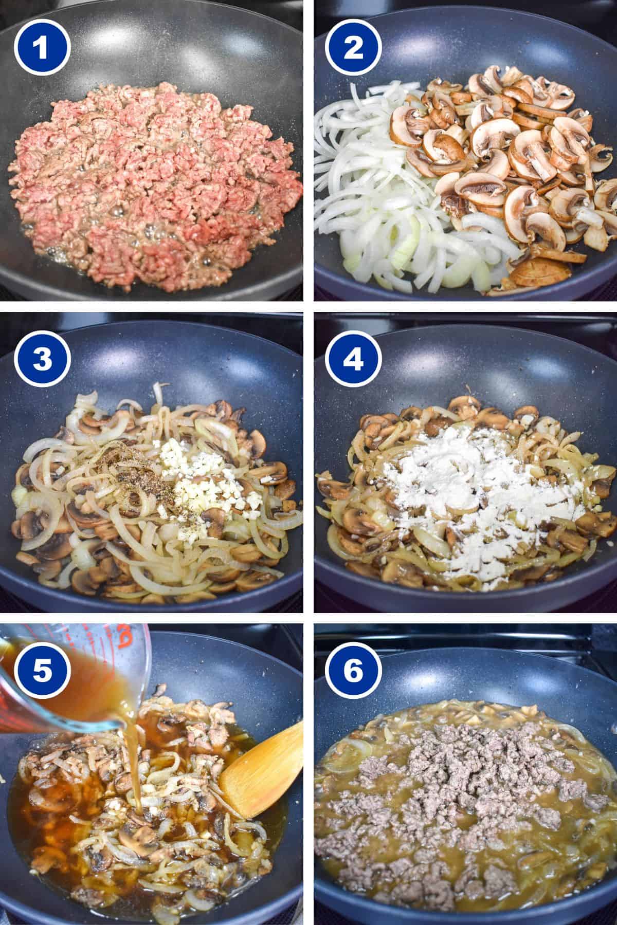 A collage of six images showing the steps to making the beef and mushrooms.