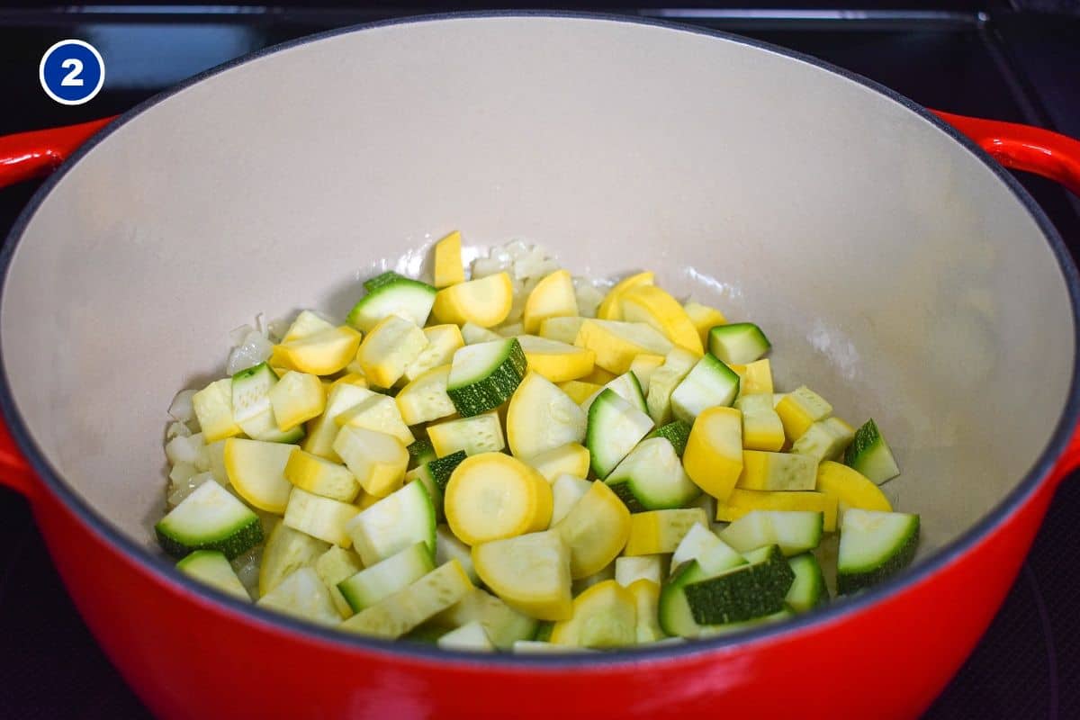 Chopped zucchini and yellow squash added to the pot.