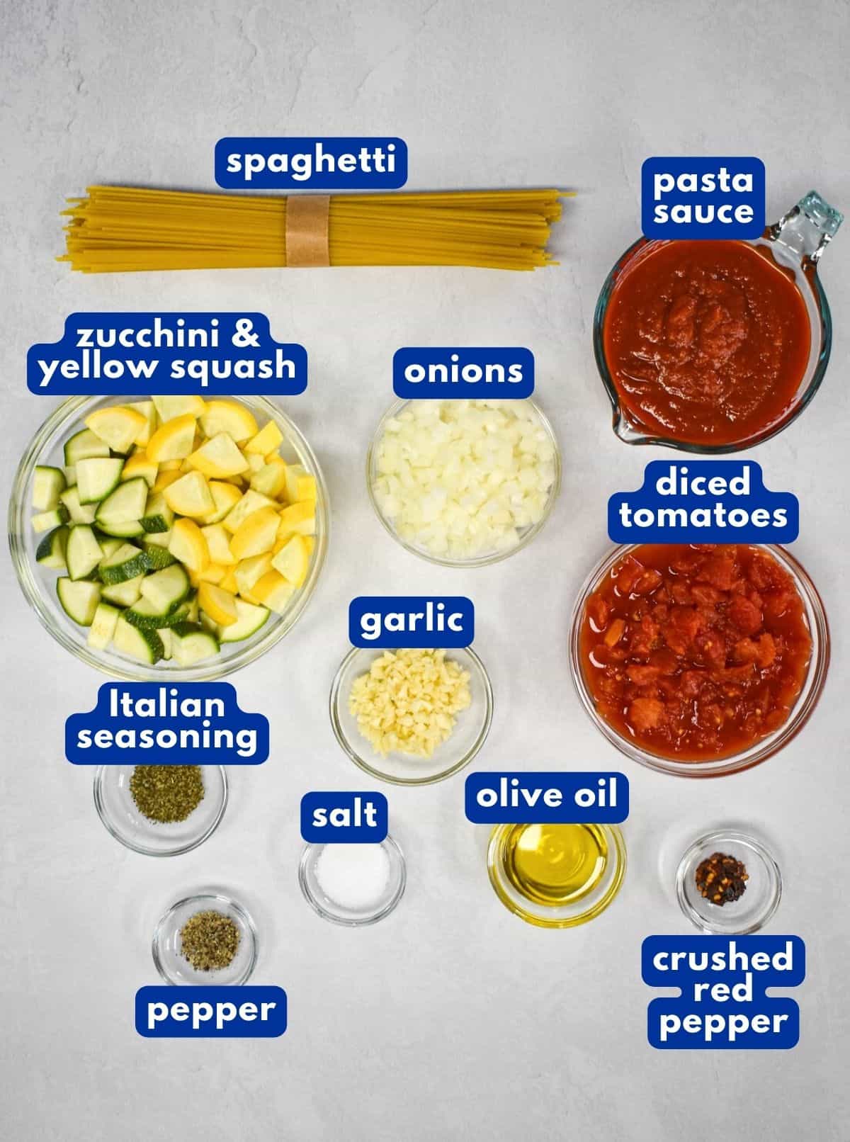 The ingredients for the squash pasta sauce prepped and arranged on a white table with each labeled with blue and white letters.