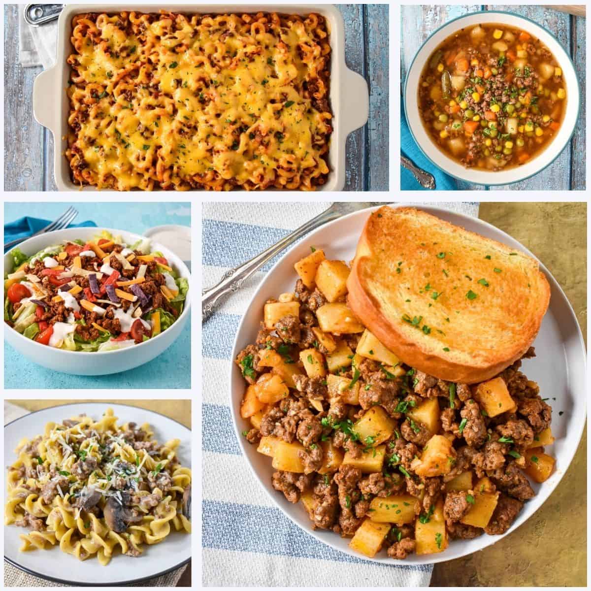 Collage of five ground beef dishes, including beef and macaroni casserole, hamburger soup, taco salad, ground beef and potatoes skillet with toast, ground beef stroganoff over egg noodles.