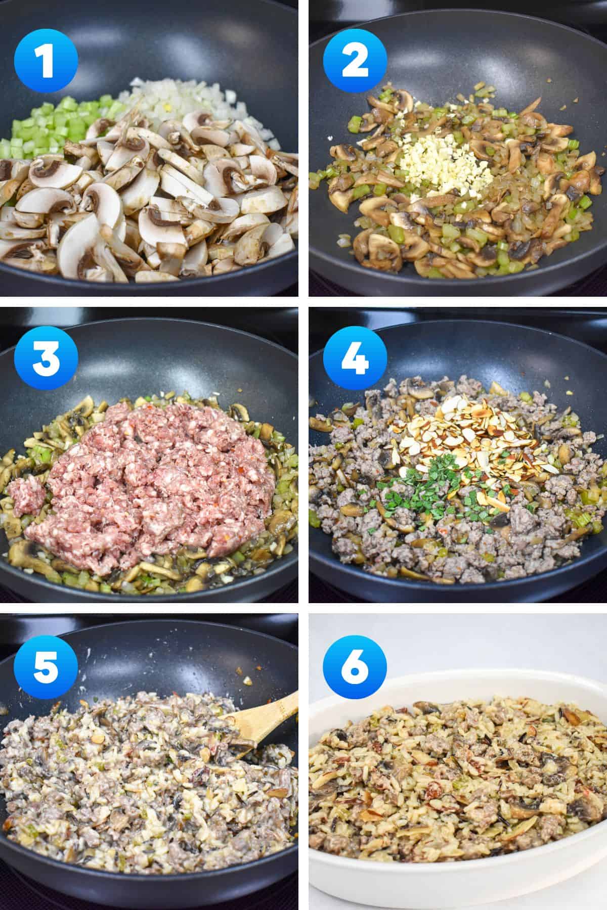 A collage of six pictures showing the steps to making the pork and rice mixture.