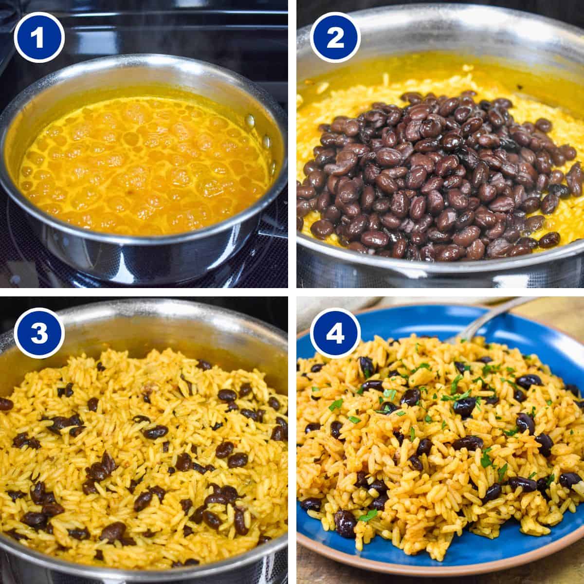 A collage for four pictures showing the steps to making the yellow rice with black beans.