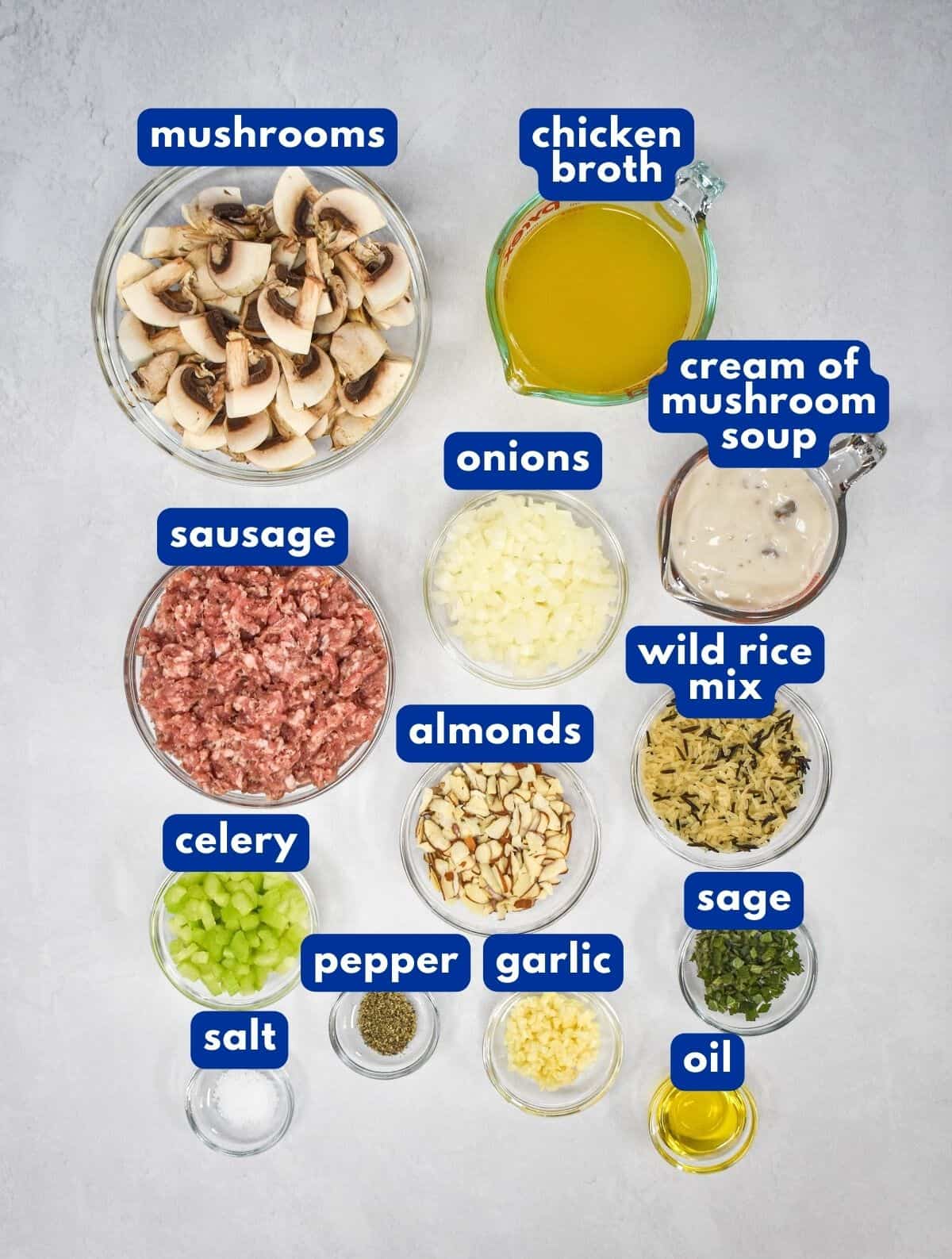 The ingredients for the sausage rice dish prepped and arranged in glass bowls on a white table with each ingredient labeled with blue and white letters.