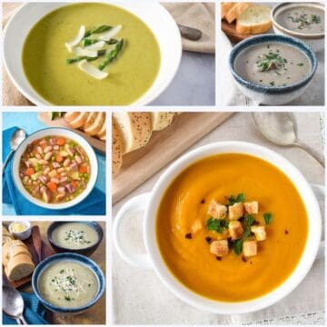 Collage of spring soups including carrot ginger soup, asparagus soup, creamy mushroom soup, ham and bean soup served with bread.