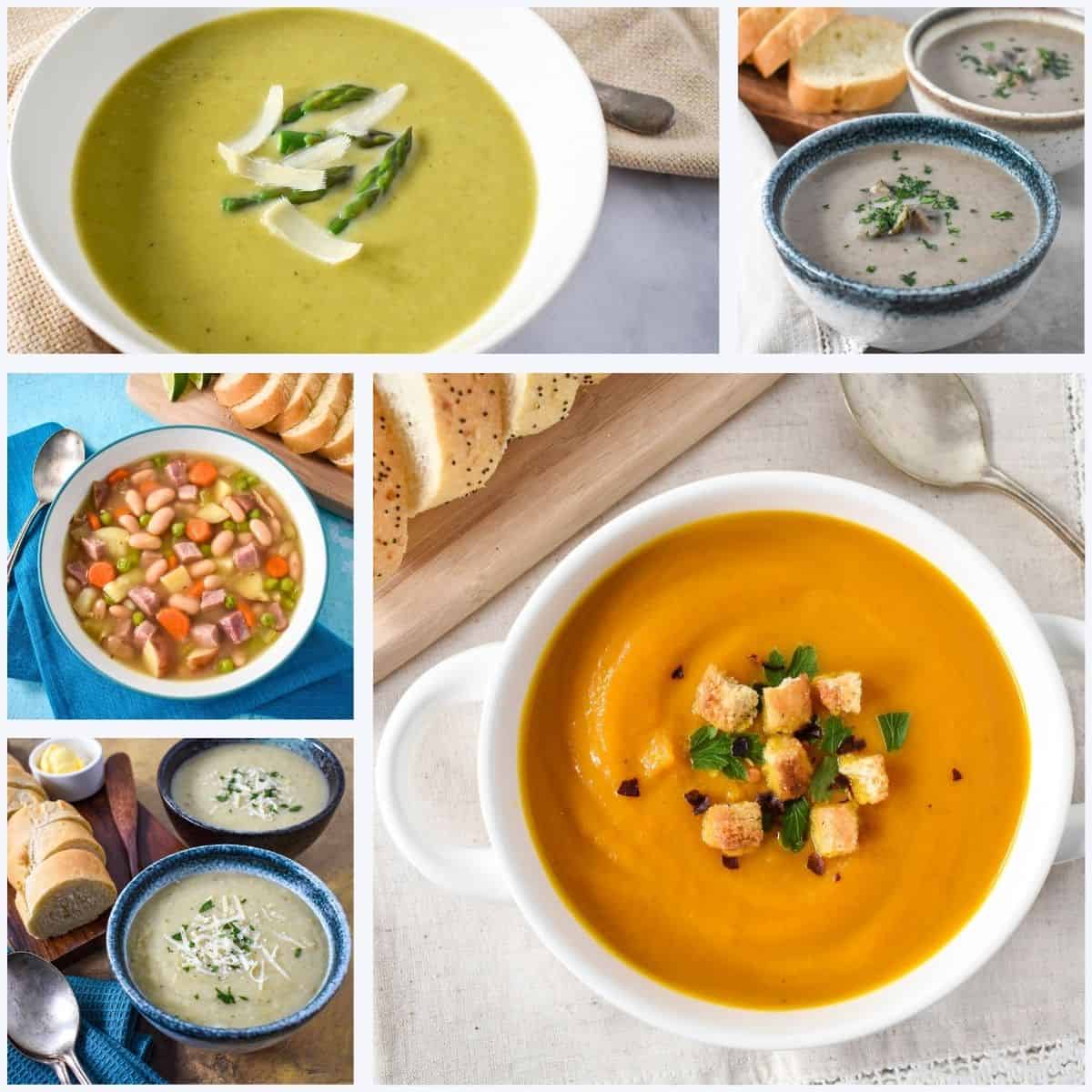 Collage of spring soups including carrot ginger soup, asparagus soup, creamy mushroom soup, ham and bean soup served with bread.