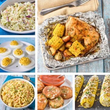 A collage of six pictures featured in the recipe collection: chicken foil pack, coleslaw, deviled eggs, macaroni salad, fried zucchini, and grilled corn.