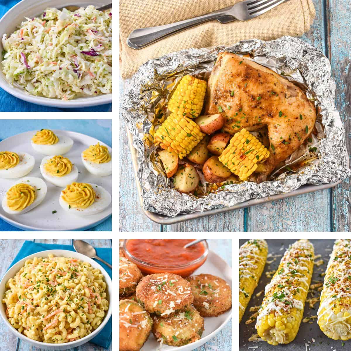 A collage of six pictures featured in the recipe collection: chicken foil pack, coleslaw, deviled eggs, macaroni salad, fried zucchini, and grilled corn.