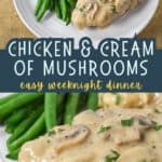 Two pictures of the creamy mushroom chicken with a blue-gray graphic in the middle with the title in white letters.