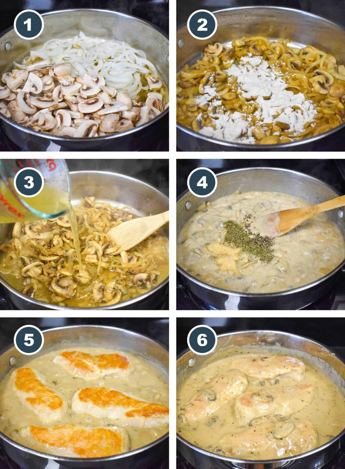 A collage of six pictures showing the steps to making the chicken with cream of mushroom soup.