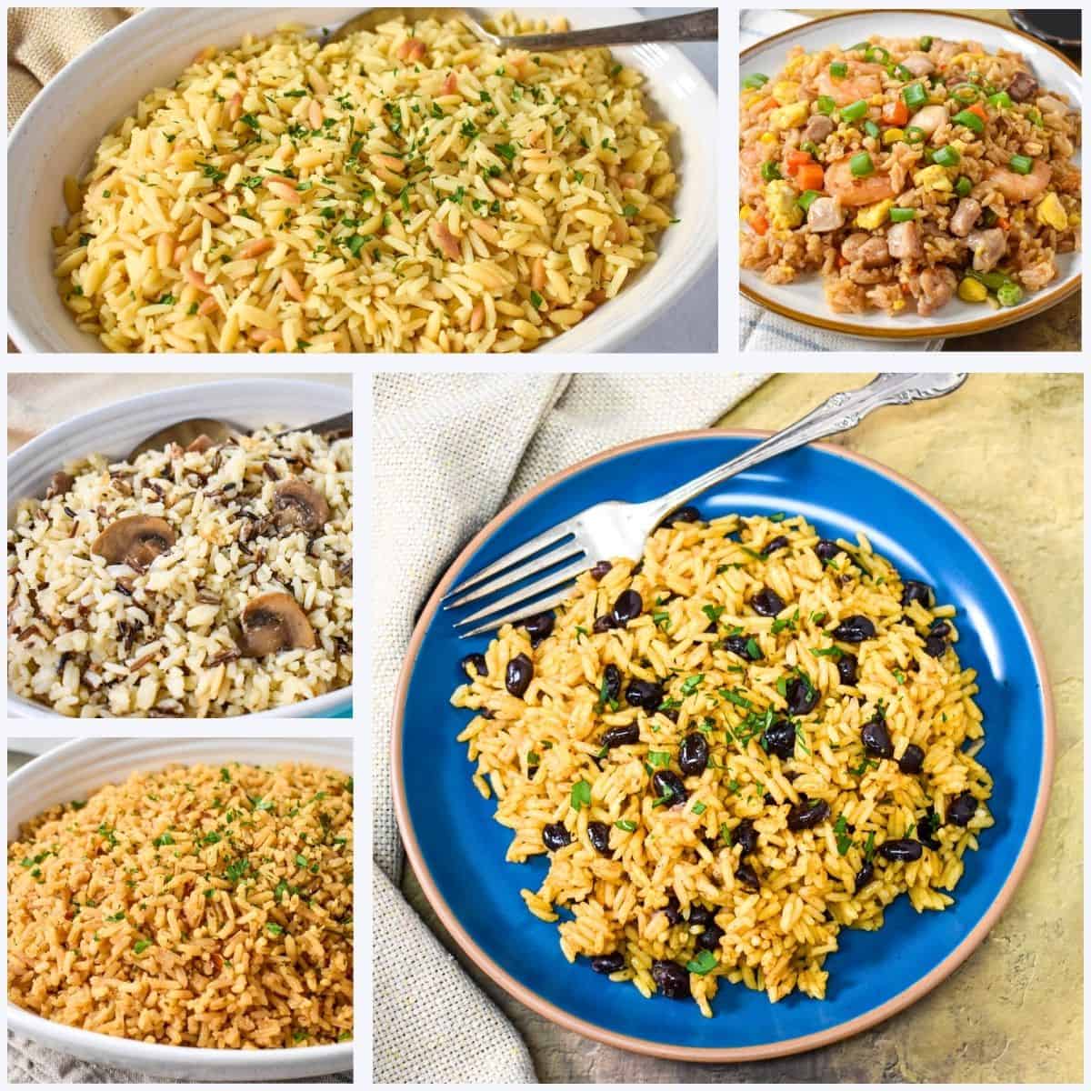 A collage of five pictures of dishes featured in the article including yellow rice and black beans, fried rice, and other flavored rice dishes.