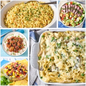 Collage of colorful and easy spring recipes, featuring pasta, rice, salad, and crowd-pleasing mains.