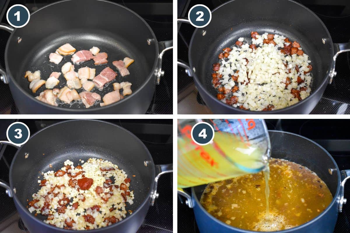 Cooking process in four steps: bacon cooking in a saucepan, diced onion added, garlic and tomato paste stirred in, and broth being poured over the mixture.