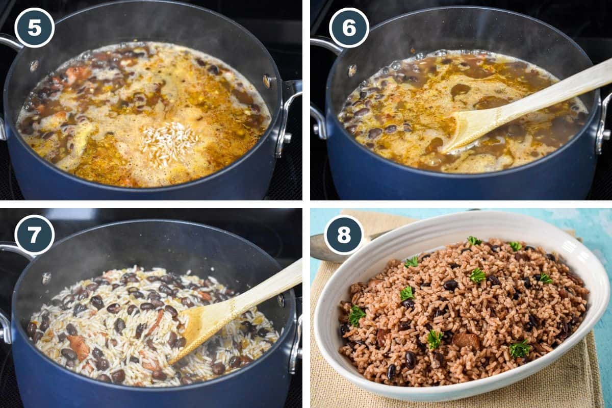Four cooking steps: rice added to simmering pot, liquid reducing, rice and beans being stirred, and finished moros served in a white bowl with parsley.