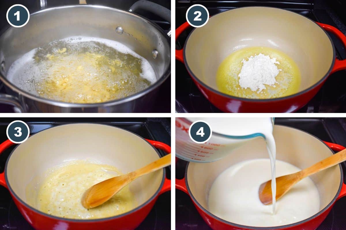 Step-by-step photos showing boiling pasta, melting butter, cooking roux, and adding milk for cheese sauce.