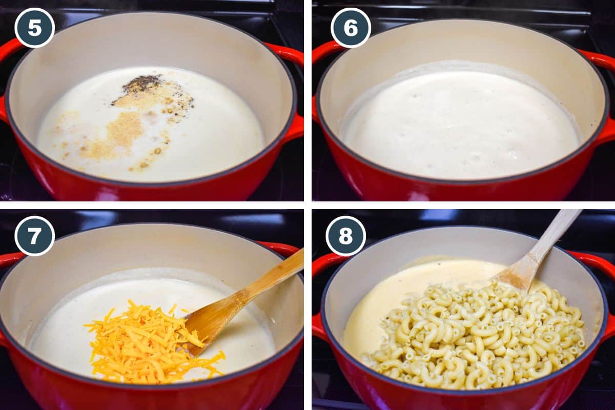 Step-by-step photos showing seasoning the sauce, simmering, melting cheese, and stirring in pasta.