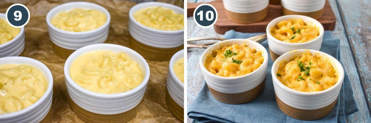 Step-by-step photos of filling ramekins with mac and cheese and the finished baked cups.