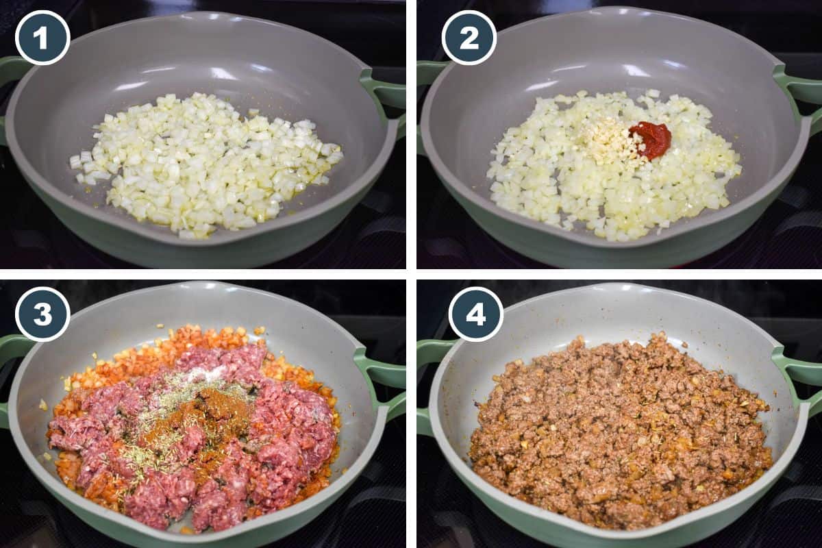 Step-by-step images one through four showing how to start the filling for mini shepherd’s pies: sautéing onions, adding garlic and tomato paste, seasoning the ground beef, and browning it in a skillet.