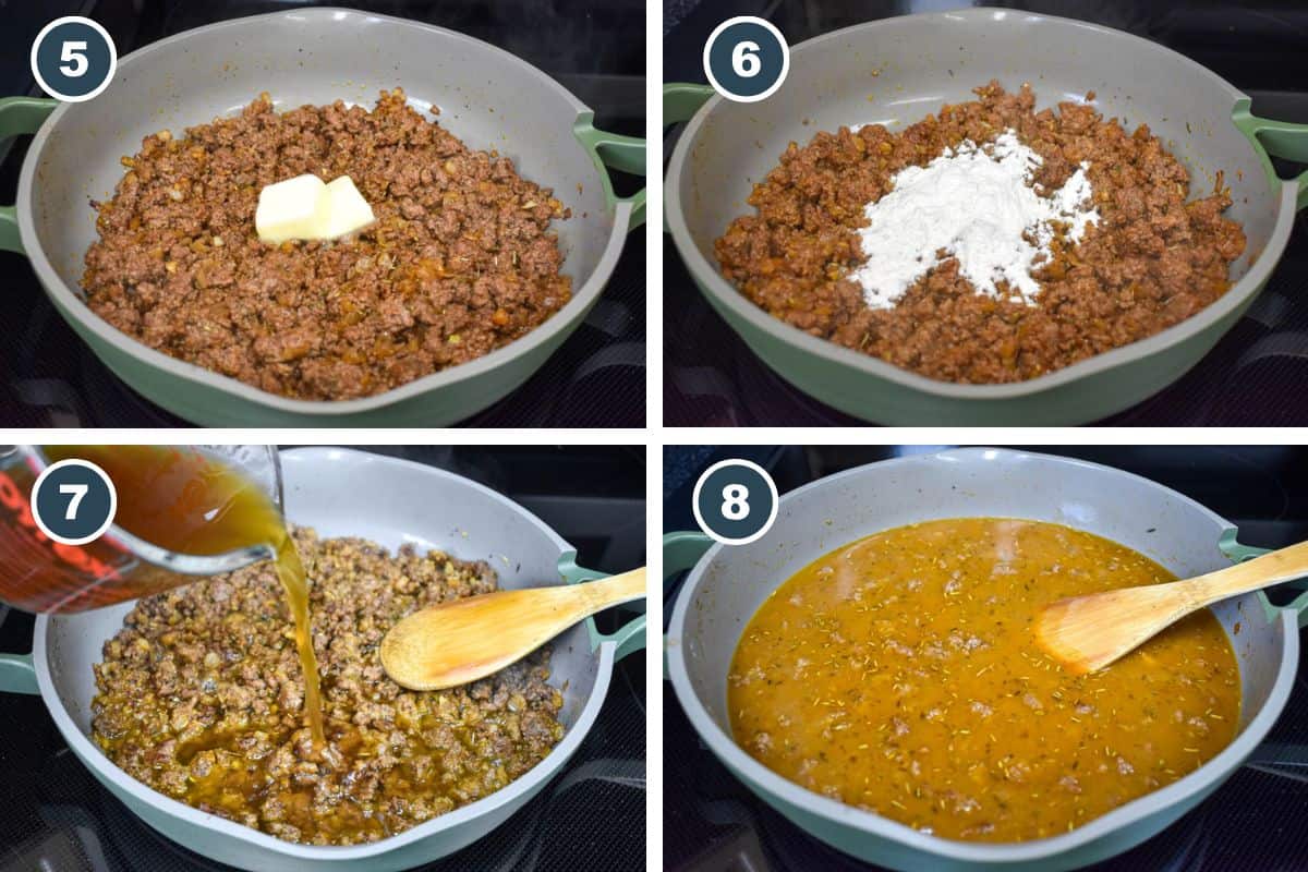 Process shots five through eight for making the gravy: butter added to browned beef, flour stirred in, broth poured into the skillet, and the mixture simmered into a thick, savory gravy.