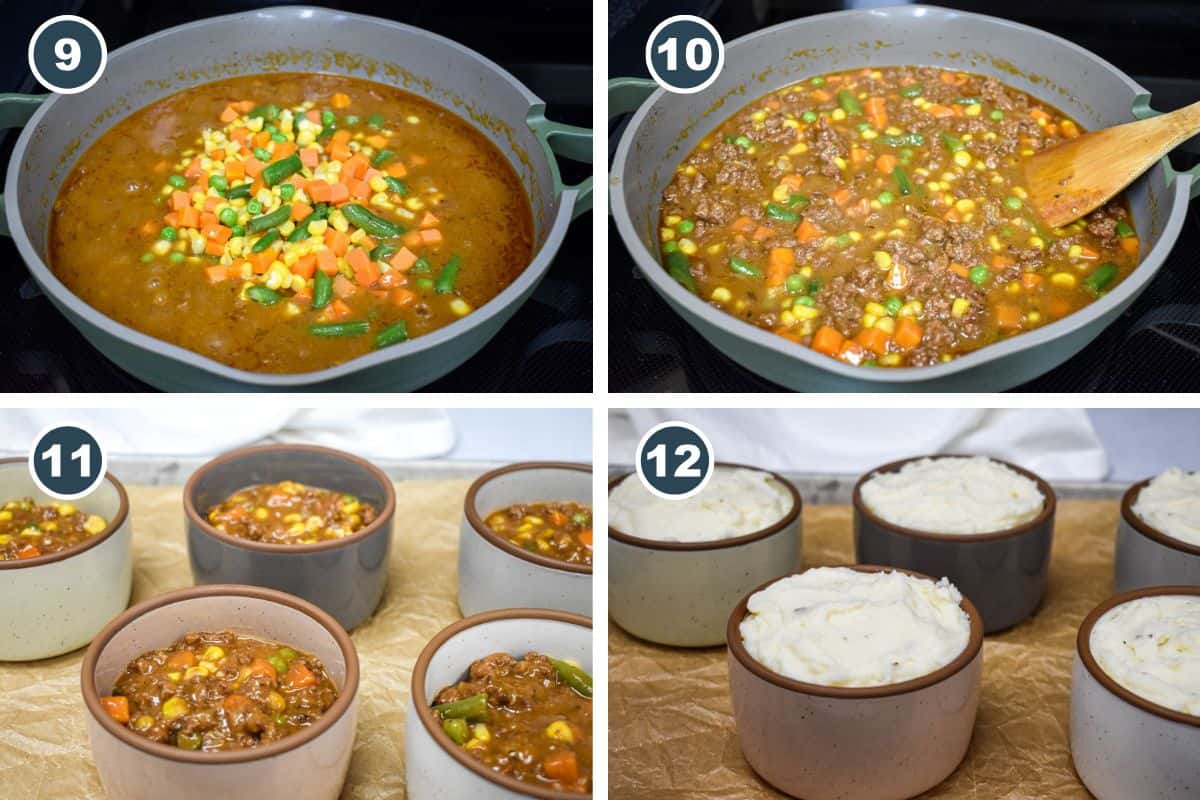 Final steps nine through twelve of making the filling: frozen vegetables added to gravy, mixture thickened, filling portioned into ramekins, and topped with mashed potatoes.