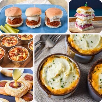 Collage of mini food recipes including meatball sliders, corned beef sliders, pizza pot pies, mini shepherd’s pies, and andouille sausage puffs.